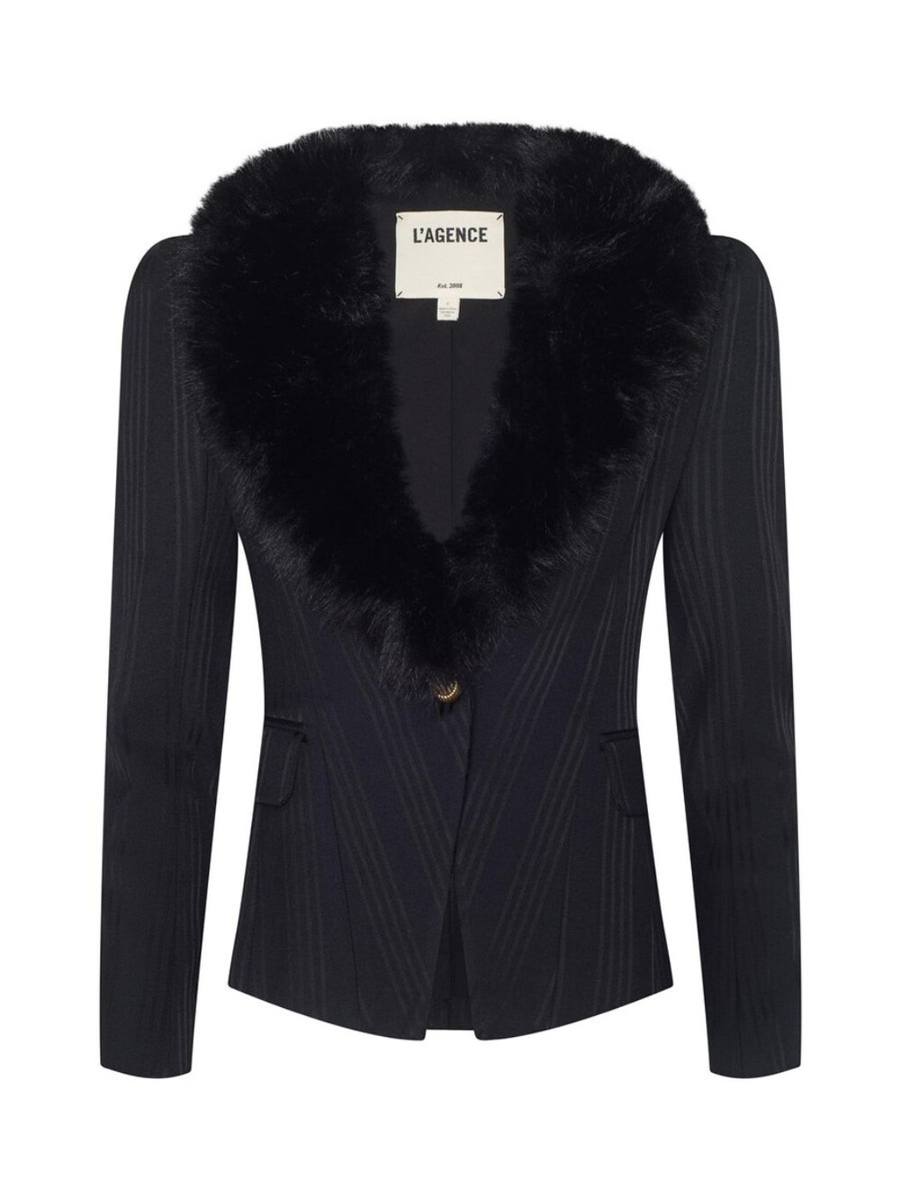L'Agence Kaisley Faux Fur Collar Blazer Black Shadow Stripe - Picture 7 of 9